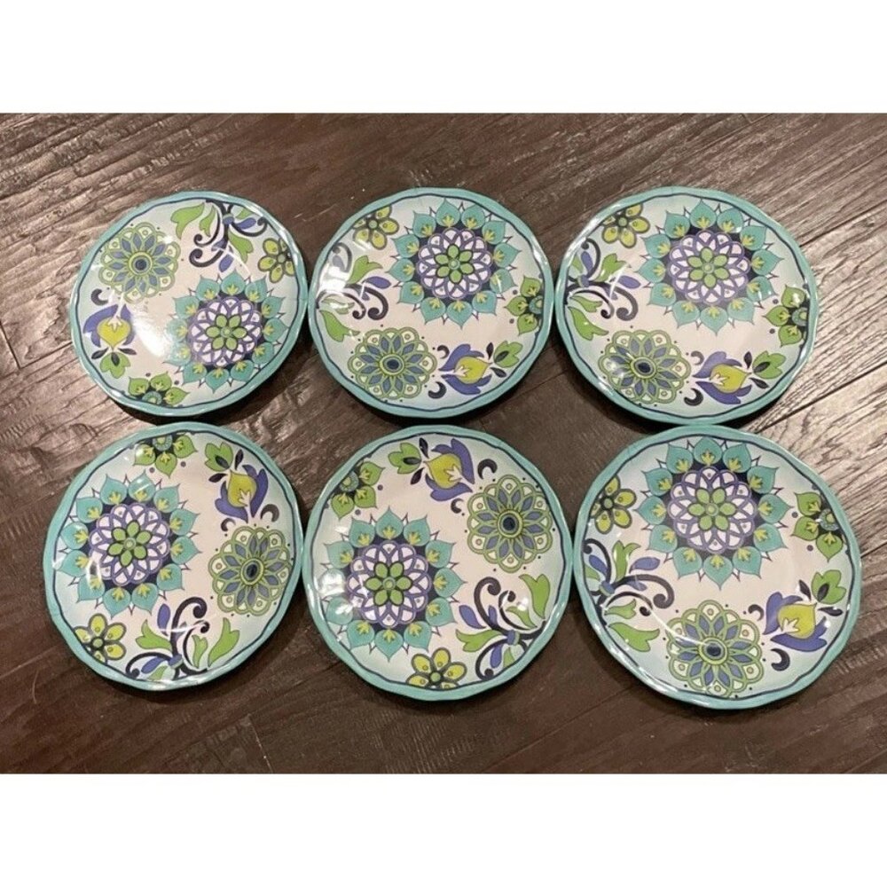 Melamine‎ Salad Plates Blue Colorful Floral Flowers Set Of 6 Boho Cottage Beach